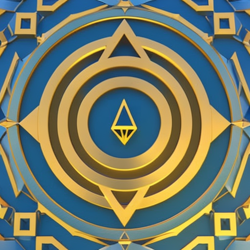T geometric shapes interlocking to form an Ethereum token on a blue and gold background