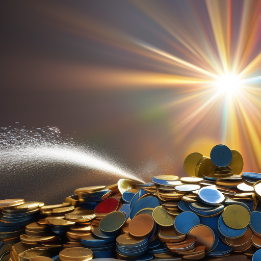 Ful, abstract illustration of a faucet pouring out a stream of coins and other rewards, with bright rays of sunshine beaming down
