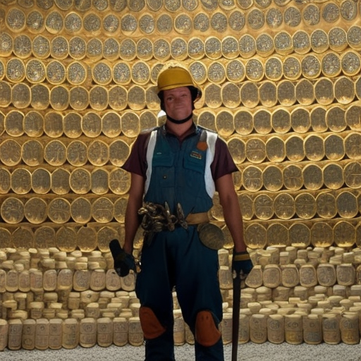 Ate a person wearing a miner's helmet, holding a pickaxe in one hand and a bag of coins in the other, standing in front of a large wall of coins