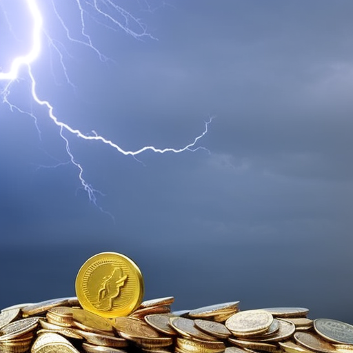 Stration of a piggy bank with a golden coin pouring out from it, surrounded by a shower of coins with a lightning bolt in the background