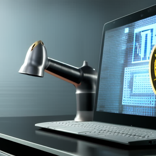Ter screen with a hacker typing quickly, a bitcoin logo and a broken faucet symbolizing a security breach
