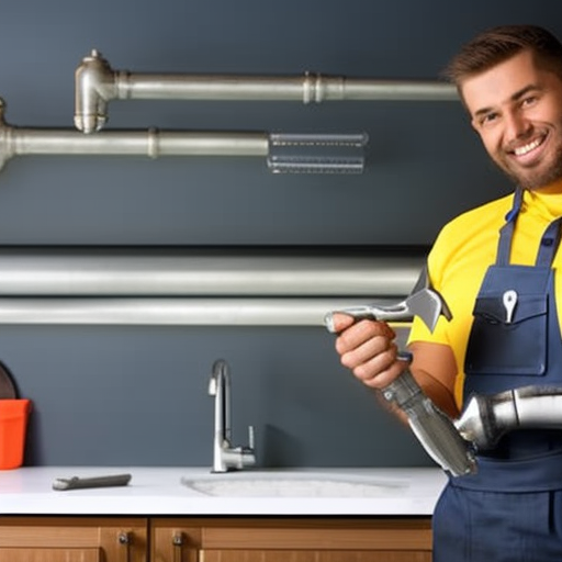 E plumber holding a wrench, with a "how-to"guide open on a workbench, standing in front of a modern kitchen sink with a gleaming new faucet