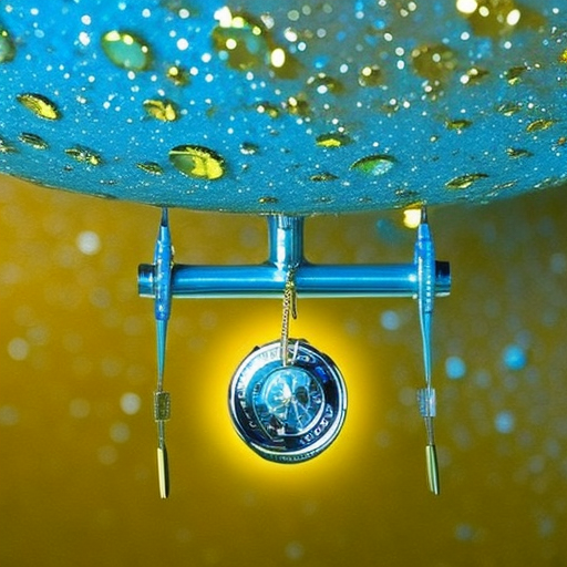 T blue faucet adorned with a large yellow starburst and an arrow pointing to a cluster of coins