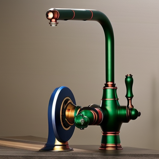 F colorful plumbing fixtures resembling a spinning wheel, with a center kitchen faucet as the wheel's hub