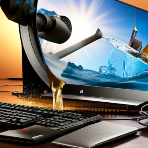 An image of two computers side by side, one with a water faucet pouring water into a glass and the other with a computer fan whirring and a miner's pickaxe in the foreground