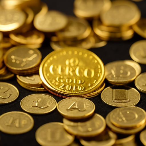 -up of a person's hand holding a gold ERC-20 token, with a small pile of gold coins at their feet