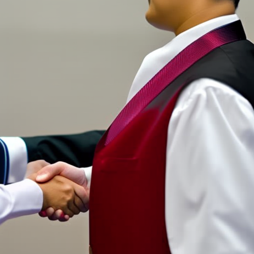 Ate a hand shaking between two figures, one wearing a suit and the other sporting a token-shaped lapel pin