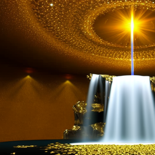 faucet spurring a waterfall of gold coins, surrounded by a glowing aura of wealth and fortune