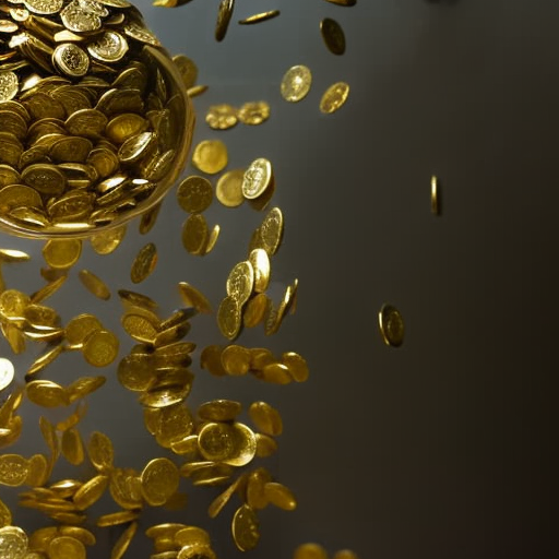 T dripping coins into a clear glass jar overflowing with gold coins