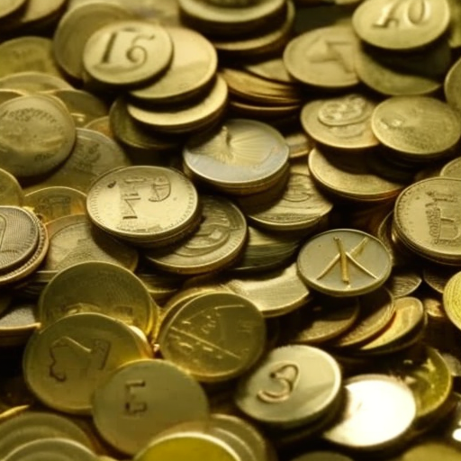 Glass of water with a golden faucet, overflowing onto a pile of coins, next to a large pile of more coins