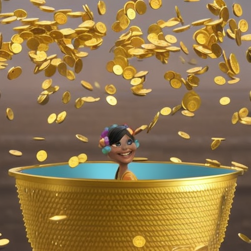 Stration of an overflowing golden-rimmed bathtub filled with colorful Erc-20 tokens, a person in the background counting the tokens with a smile