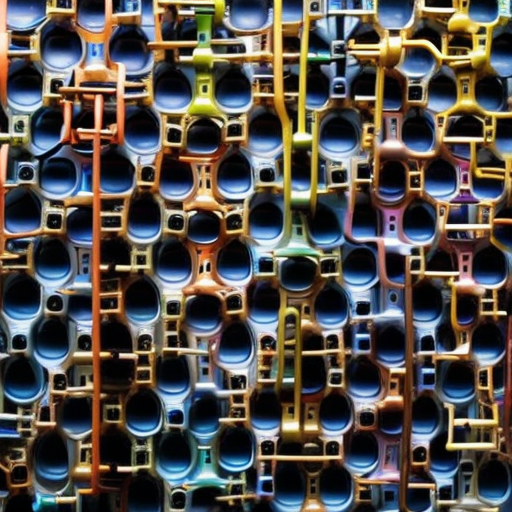 Y of colourful faucets arranged in a network formation, with water droplets cascading from each one