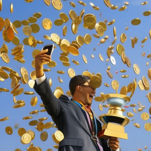 Ful illustration of a person holding a phone with an ERC-20 coin fountain spewing out coins