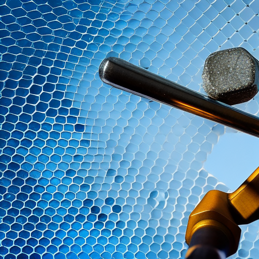 Using a wrench to tighten a hexagonal nut on a faucet in front of a blue abstract background with a radial pattern of hexagons