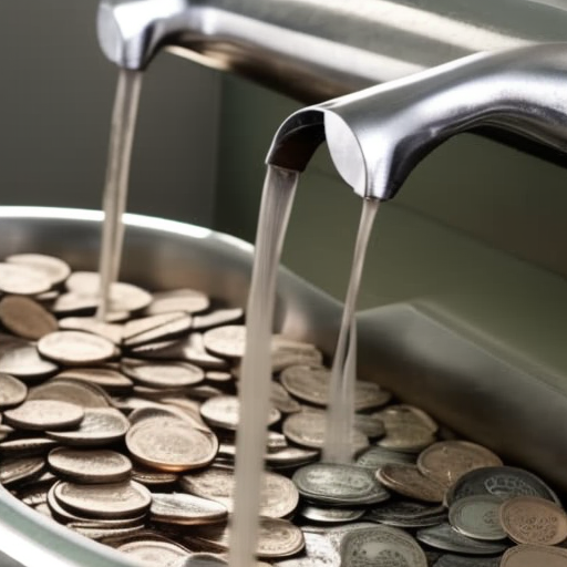 F a person's hands cupping a stream of coins pouring from a faucet