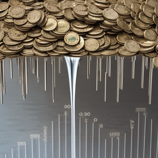 Of coins and dollar bills emerging from a dripping faucet, overflowing onto a graph of increasing earnings