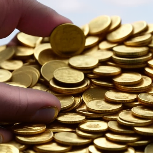N's hand holding a stack of golden coins, with other coins spilling out onto a table