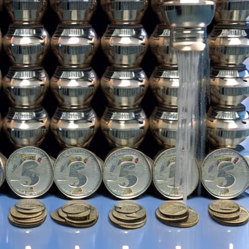 T dripping water into a jar overflowing with coins, each with a staking reward label