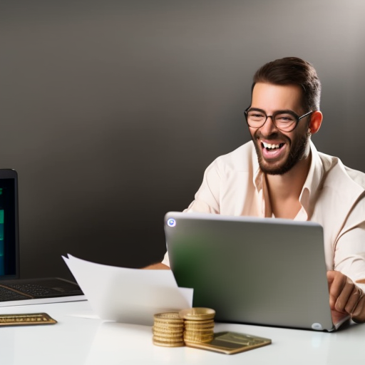 N sitting at a computer, smiling and looking excited as they scroll through a list of erc-20 tokens, with a pile of coins next to them