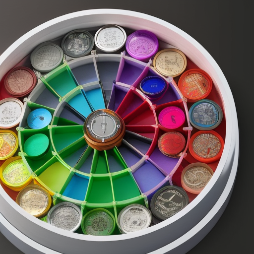 F a circular rainbow-colored wheel with several tiers of coins, each tier representing a higher reward level