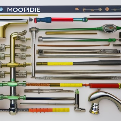 E, multicolored diagram of a faucet with arrows pointing to all the individual parts and their functions