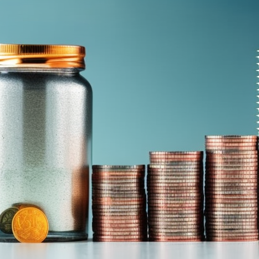 Ful image of a jar filled to the brim with coins, overflowing onto a desktop background with a bar graph in the background displaying the growth of coins