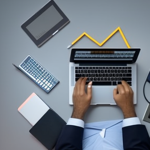 N, with a coffee mug in one hand and a laptop in the other, in front of a graph that shows a steady growth in income over time